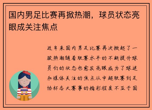 国内男足比赛再掀热潮，球员状态亮眼成关注焦点
